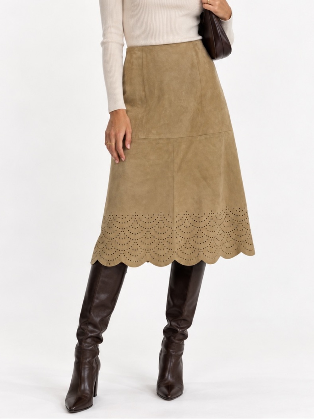 Vintage Worth Camel Suede Leather Scalloped Cutwork Skirt Size 4